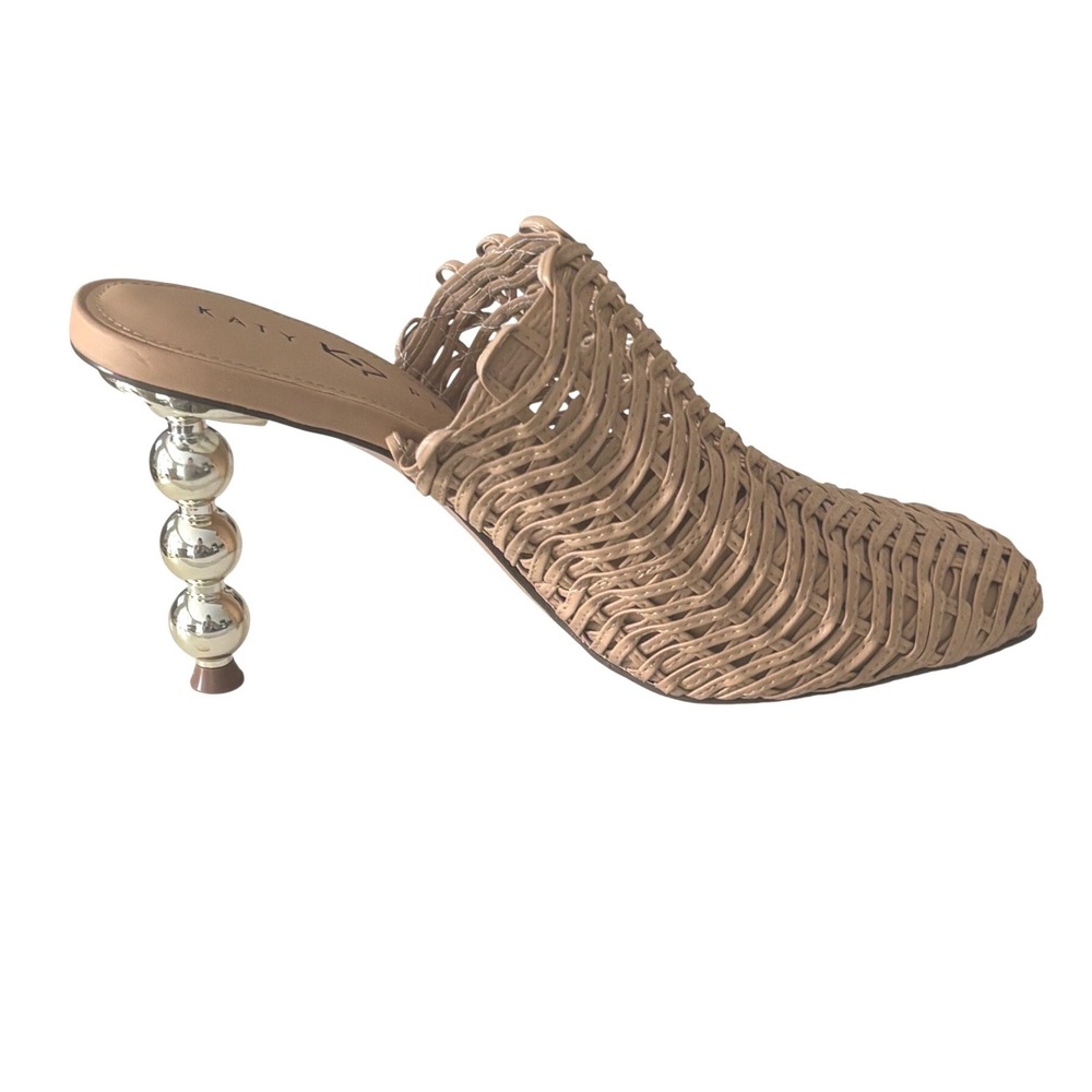 Katy Perry The Beed Zig Zag Mule Tan Woven Gold Beaded Heel KP2236 Womens 7.5